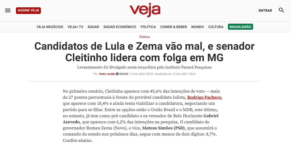 Veja cita pesquisa realizada pela Paraná Pesquisas no Estado de Minas Gerais.