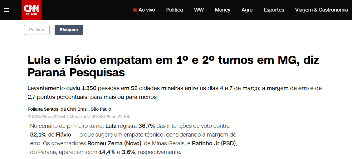 CNN Brasil cita pesquisa realizada pela Paraná Pesquisas no Estado de Minas Gerais.