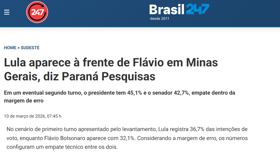 Brasil 247 cita pesquisa realizada pela Paraná Pesquisas no Estado de Minas Gerais.