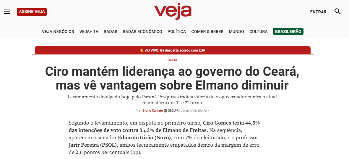 Veja cita pesquisa realizada pela Paraná Pesquisas no Estado do Ceará.