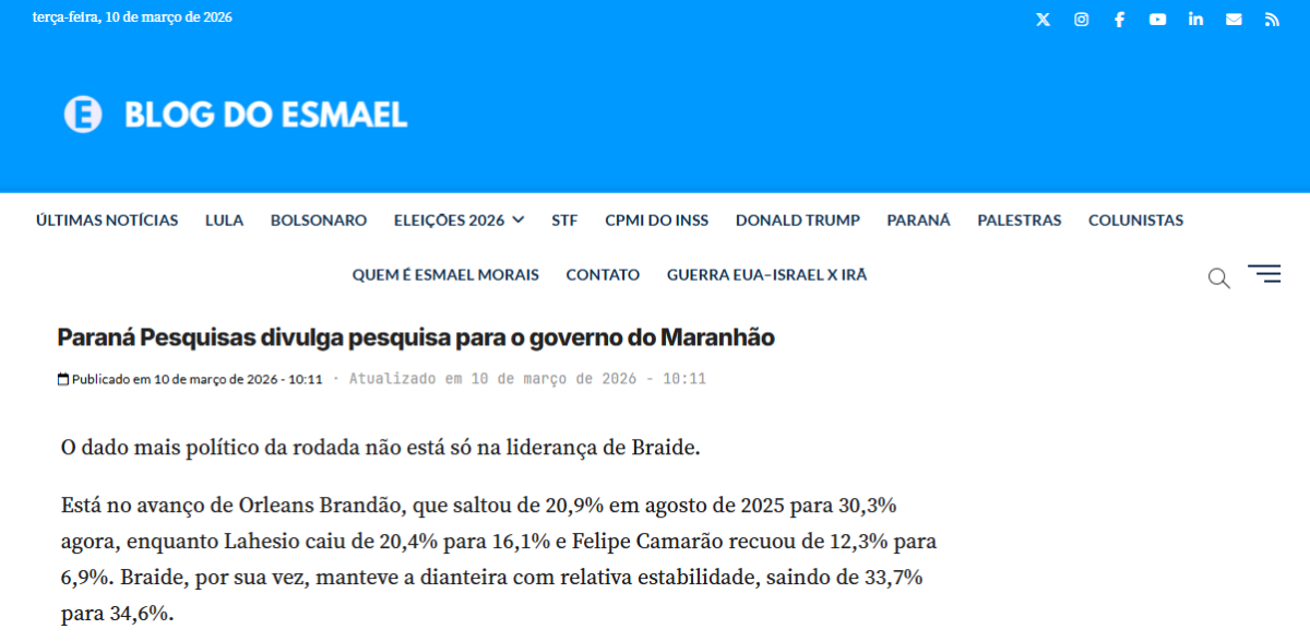 Blog do Esmael cita pesquisa realizada pela Paraná Pesquisas no Estado do Maranhão.
