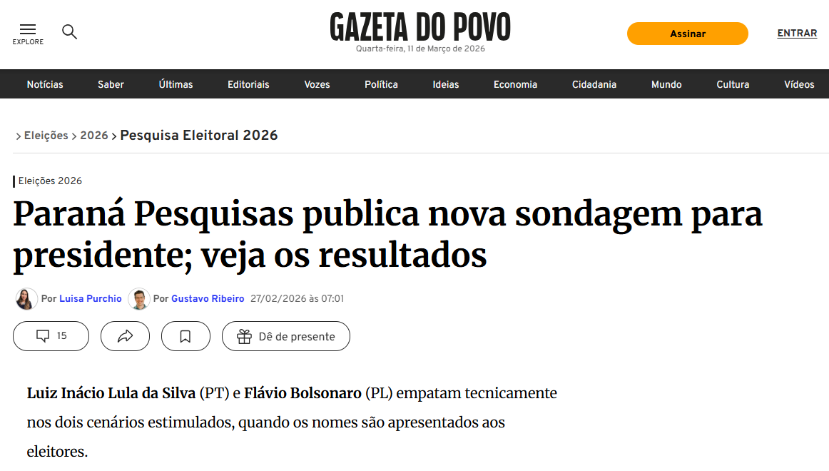 Gazeta do Povo cita pesquisa realizada pela Paraná Pesquisas.