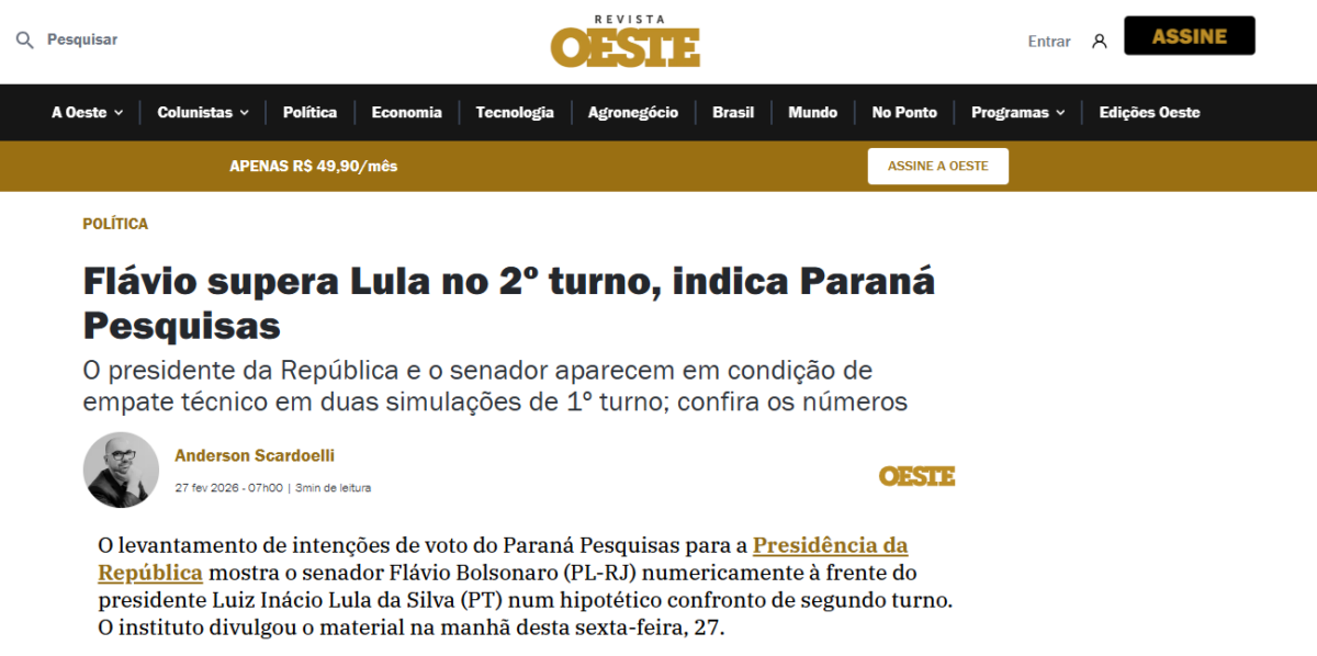 Revista Oeste cita pesquisa realizada pela Paraná Pesquisas.
