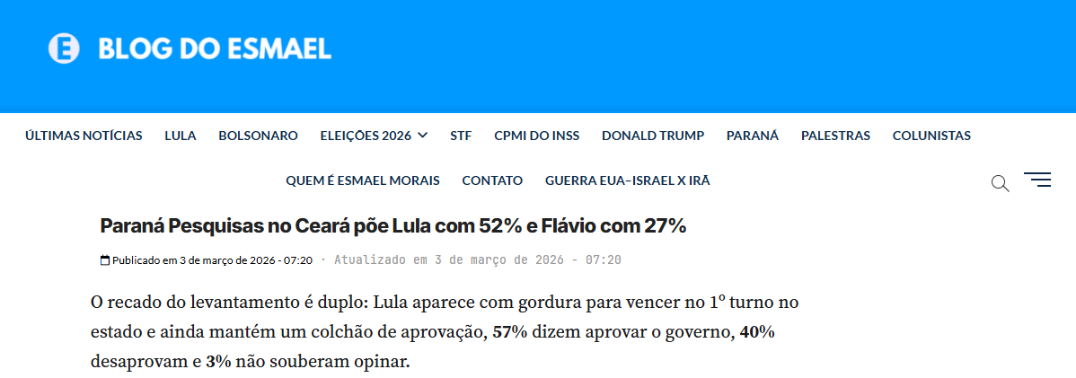 Blog do Esmael cita pesquisa realizada pela Paraná Pesquisas no Estado do Ceará. 2 Blog do Esmael cita pesquisa realizada pela Paraná Pesquisas no Estado do Ceará.