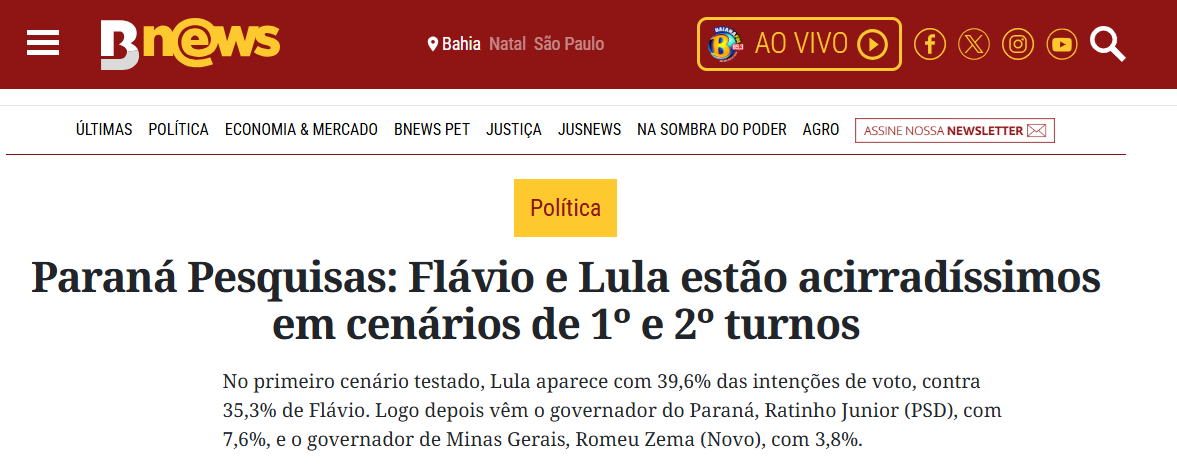 BNews cita pesquisa realizada pela Paraná Pesquisas.