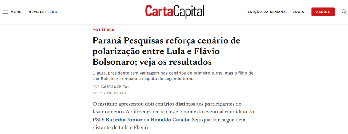 Carta Capital cita pesquisa realizada pela Paraná Pesquisas.
