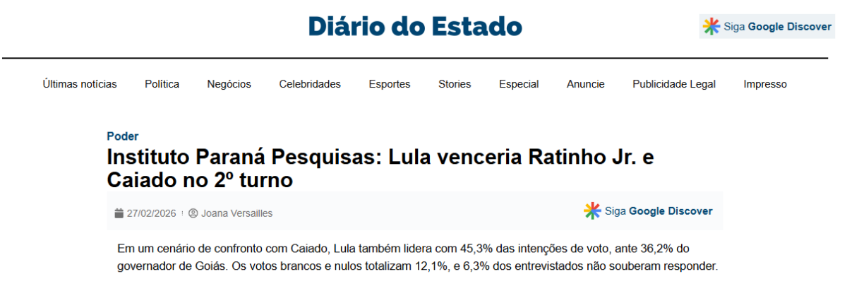 Diário do Estado cita pesquisa realizada pela Paraná Pesquisas.