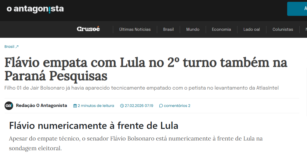 O Antagonista cita pesquisa realizada pela Paraná Pesquisas. 2 O Antagonista cita pesquisa realizada pela Paraná Pesquisas.