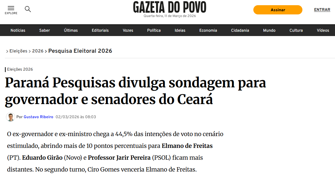 Gazeta do Povo cita pesquisa realizada pela Paraná Pesquisas no Estado do Ceará. 2 Gazeta do Povo cita pesquisa realizada pela Paraná Pesquisas no Estado do Ceará.
