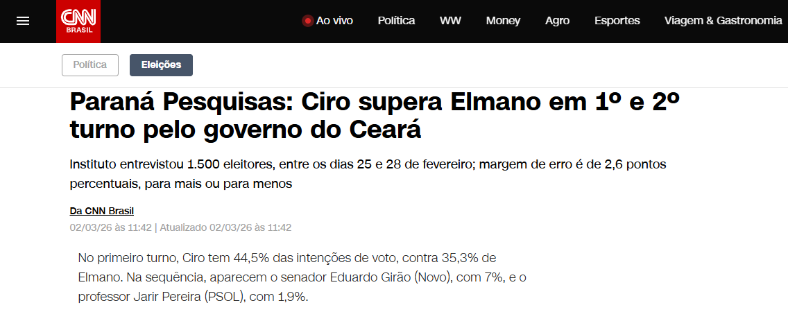 CNN Brasil cita pesquisa realizada pela Paraná Pesquisas no Estado do Ceará. 2 CNN Brasil cita pesquisa realizada pela Paraná Pesquisas no Estado do Ceará.