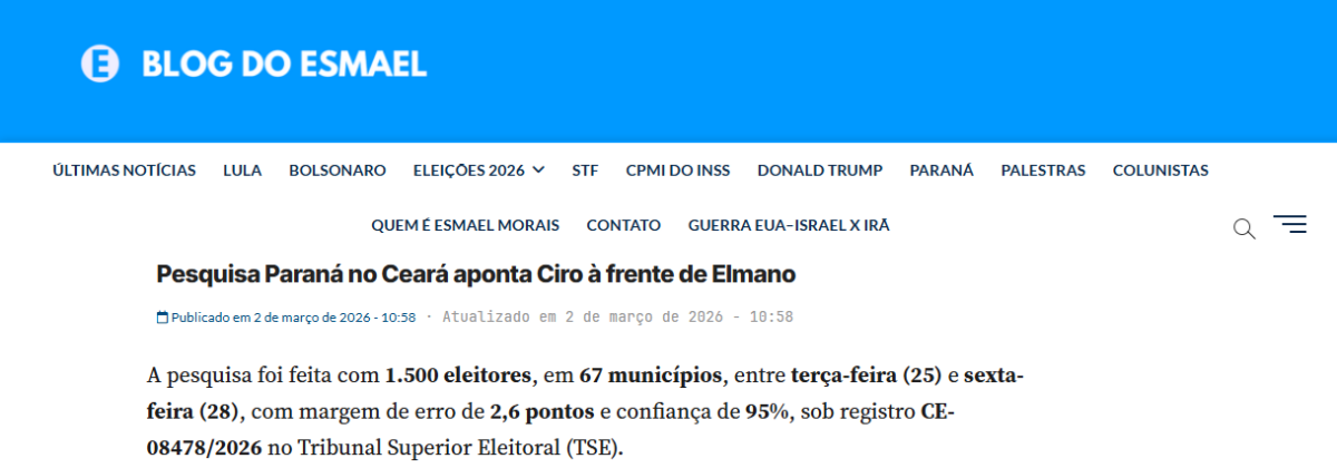 Blog do Esmael cita pesquisa realizada pela Paraná Pesquisas no Estado do Ceará.