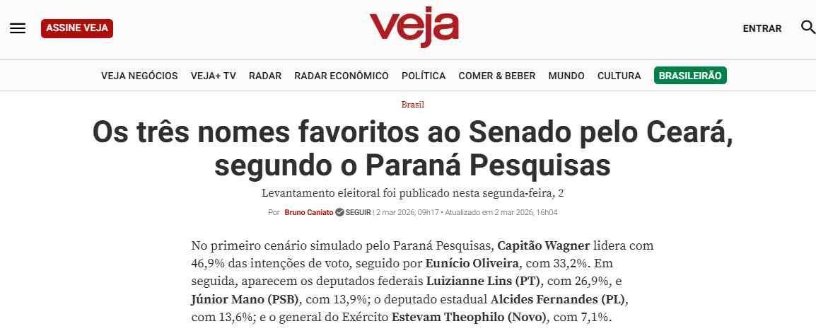 Veja cita pesquisa realizada pela Paraná Pesquisas no Estado do Ceará.