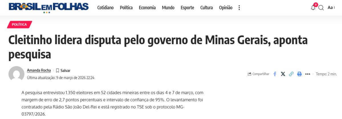Brasil em Folhas cita pesquisa realizada pela Paraná Pesquisas no Estado de Minas Gerais.