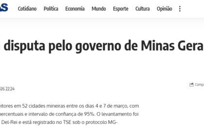 Brasil em Folhas cita pesquisa realizada pela Paraná Pesquisas no Estado de Minas Gerais.