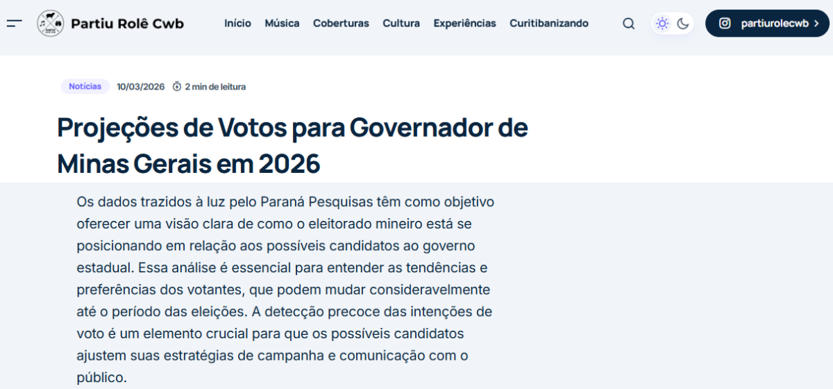 Partiu Rolê CWB cita pesquisa realizada pela Paraná Pesquisas no Estado de Minas Gerais. 2 Partiu Rolê CWB cita pesquisa realizada pela Paraná Pesquisas no Estado de Minas Gerais.