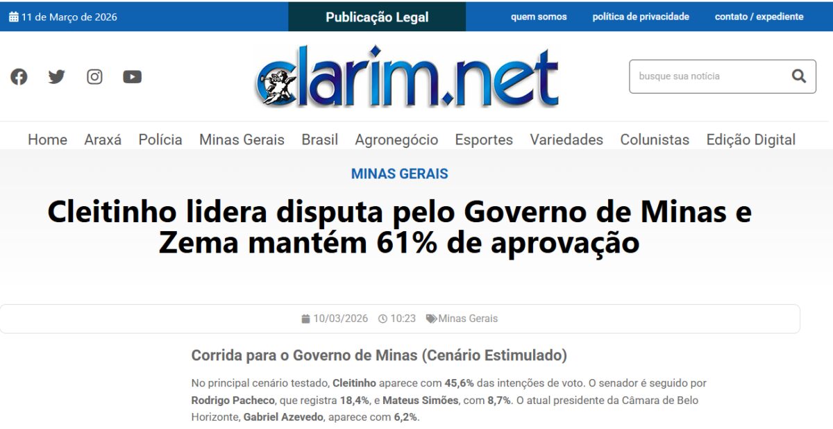 Portal Clarim cita pesquisa realizada pela Paraná Pesquisas no Estado de Minas Gerais. 2 Portal Clarim cita pesquisa realizada pela Paraná Pesquisas no Estado de Minas Gerais.