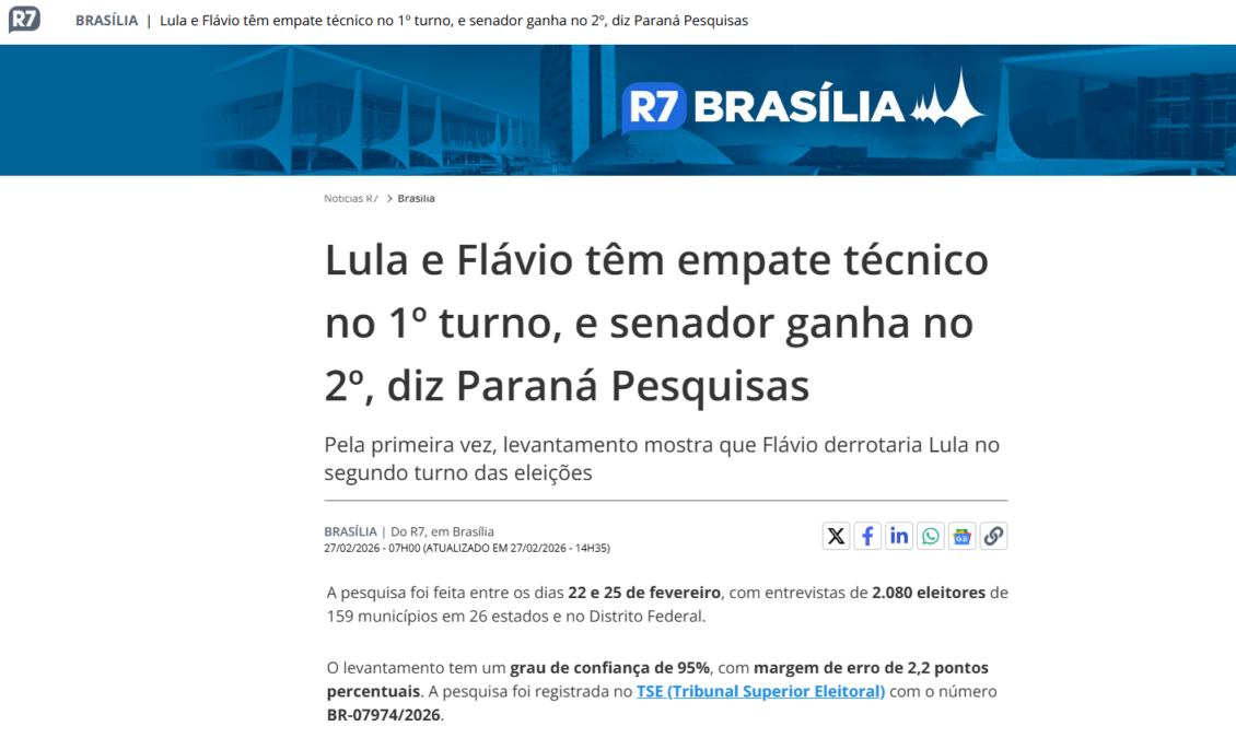 R7 Notícias cita pesquisa realizada pela Paraná Pesquisas. 2 R7 Notícias cita pesquisa realizada pela Paraná Pesquisas.