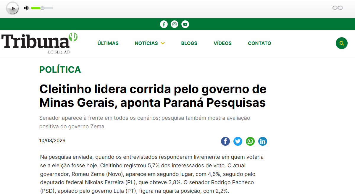 Tribuna do Sertão cita pesquisa realizada pela Paraná Pesquisas no Estado de Minas Gerais. 2 Tribuna do Sertão cita pesquisa realizada pela Paraná Pesquisas no Estado de Minas Gerais.