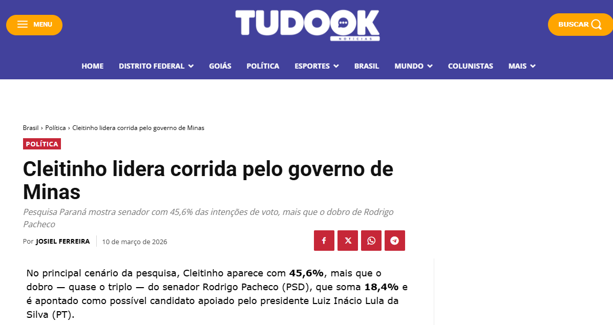 Tudo Ok cita pesquisa realizada pela Paraná Pesquisas no Estado de Minas Gerais.