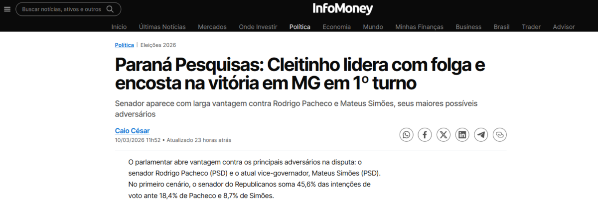 InfoMoney cita pesquisa realizada pela Paraná Pesquisas no Estado de Minas Gerais. 2 InfoMoney cita pesquisa realizada pela Paraná Pesquisas no Estado de Minas Gerais.