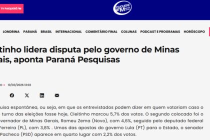 Paiquerê FM cita pesquisa realizada pela Paraná Pesquisas no Estado de Minas Gerais.