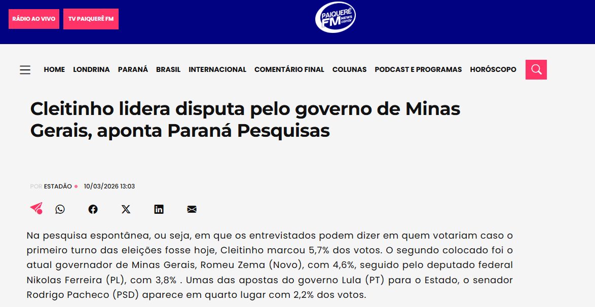 Paiquerê FM cita pesquisa realizada pela Paraná Pesquisas no Estado de Minas Gerais.