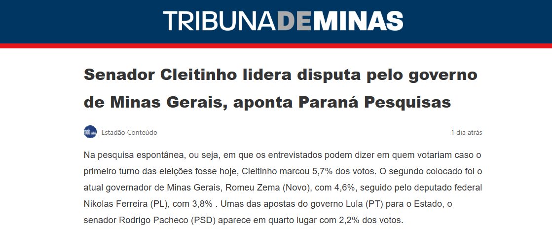 Tribuna de Minas cita pesquisa realizada pela Paraná Pesquisas no Estado de Minas Gerais. 2 Tribuna de Minas cita pesquisa realizada pela Paraná Pesquisas no Estado de Minas Gerais.
