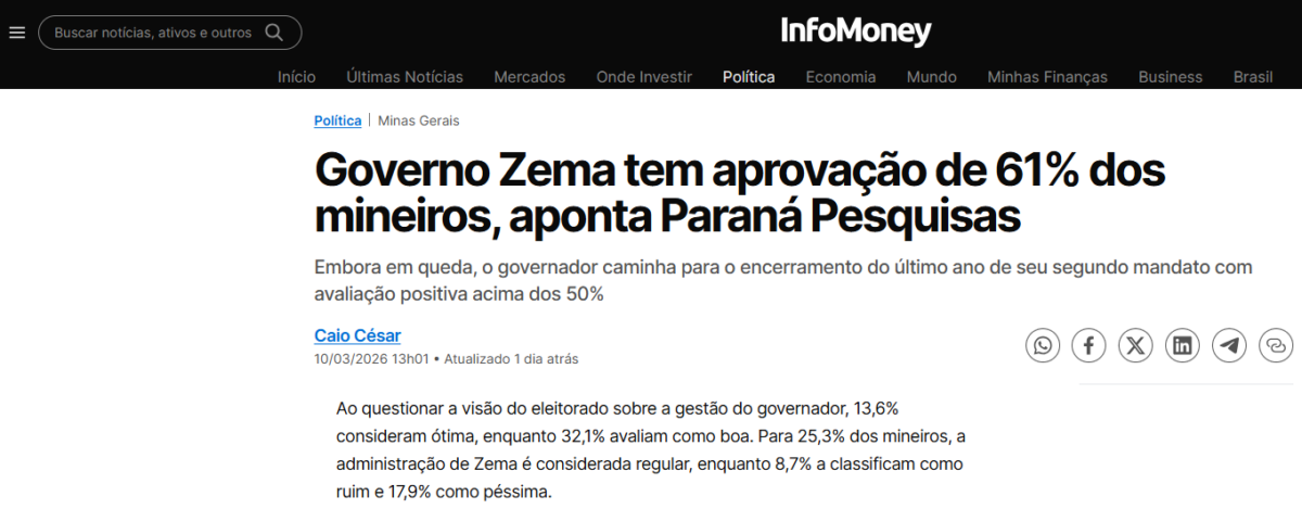 InfoMoney cita pesquisa realizada pela Paraná Pesquisas no Estado de Minas Gerais. 2 InfoMoney cita pesquisa realizada pela Paraná Pesquisas no Estado de Minas Gerais.