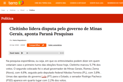 Portal Terra cita pesquisa realizada pela Paraná Pesquisas no Estado de Minas Gerais.