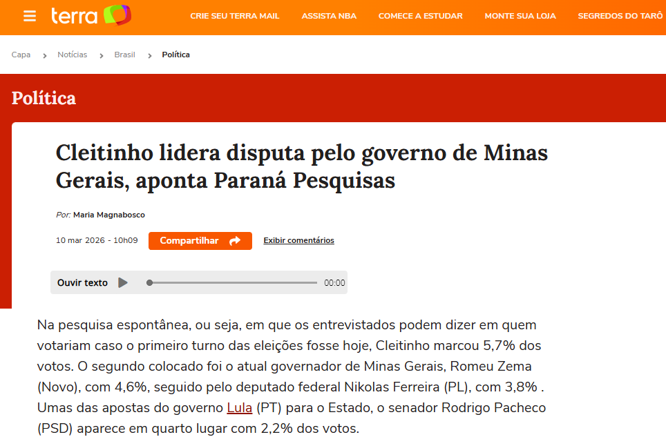 Portal Terra cita pesquisa realizada pela Paraná Pesquisas no Estado de Minas Gerais.