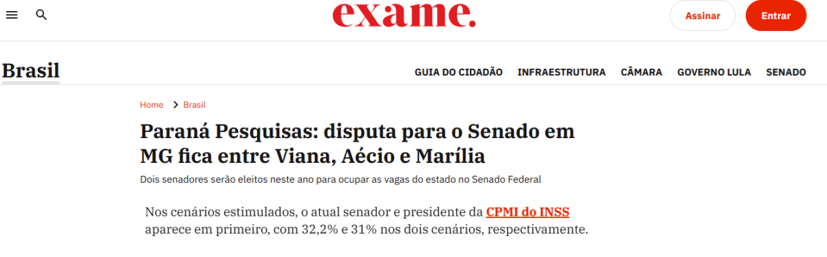 Exame cita pesquisa realizada pela Paraná Pesquisas no Estado de Minas Gerais. 2 Exame cita pesquisa realizada pela Paraná Pesquisas no Estado de Minas Gerais.