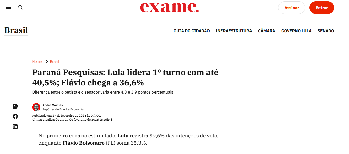 Exame cita pesquisa realizada pela Paraná Pesquisas. 1 Exame cita pesquisa realizada pela Paraná Pesquisas.