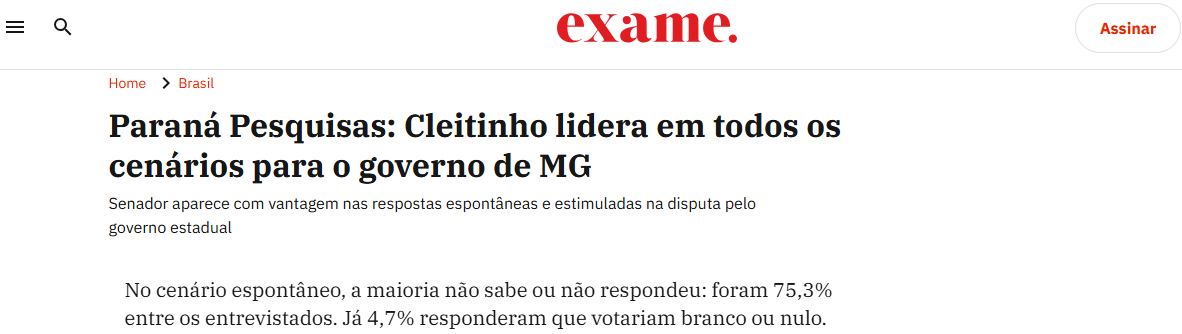 Exame cita pesquisa realizada pela Paraná Pesquisas no Estado de Minas Gerais.