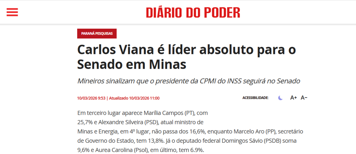 Diário do Poder cita pesquisa realizada pela Paraná Pesquisas no Estado de Minas Gerais.