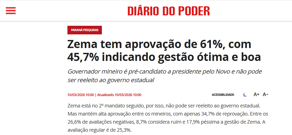 Diário do Poder cita pesquisa realizada pela Paraná Pesquisas no Estado de Minas Gerais.