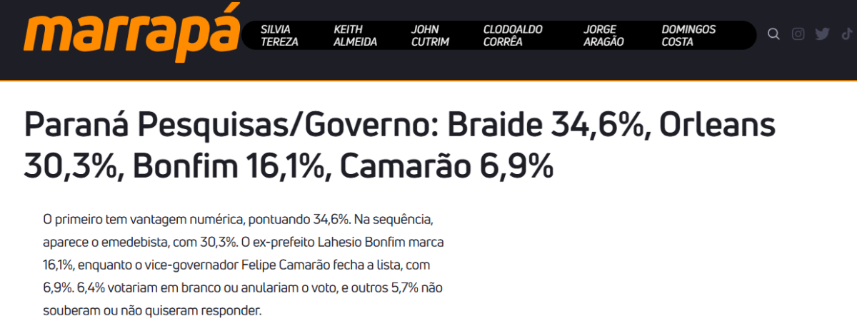 Marrapá cita pesquisa realizada pela Paraná Pesquisas no Estado do Maranhão. 2 Marrapá cita pesquisa realizada pela Paraná Pesquisas no Estado do Maranhão.