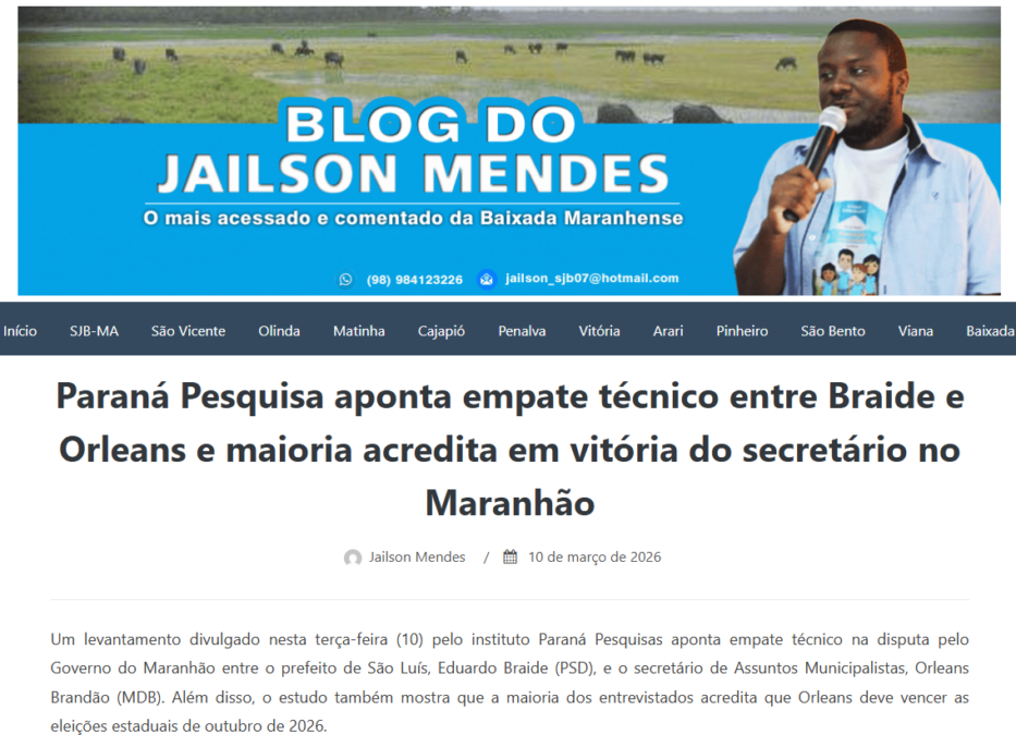 Blog do Jailson Mendes cita pesquisa realizada pela Paraná Pesquisas no Estado do Maranhão.