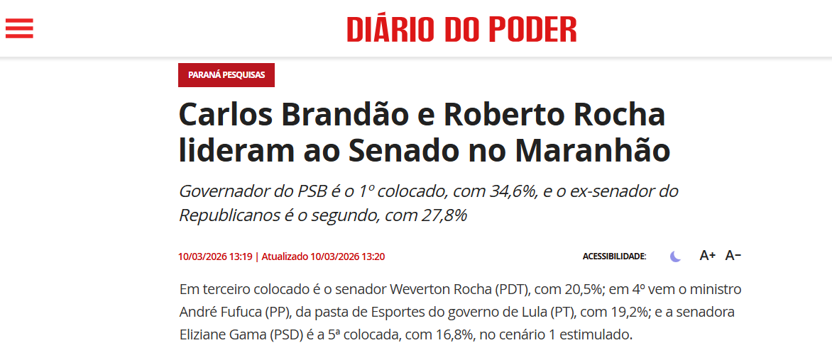 Diário do Poder cita pesquisa realizada pela Paraná Pesquisas no Estado do Maranhão.