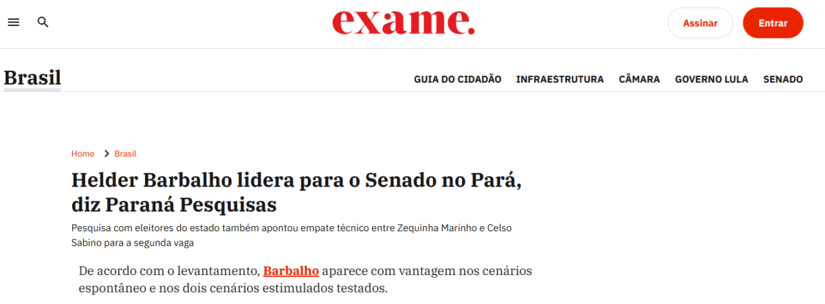 Exame cita pesquisa realizada pela Paraná Pesquisas no Estado do Pará. 2 Exame cita pesquisa realizada pela Paraná Pesquisas no Estado do Pará.