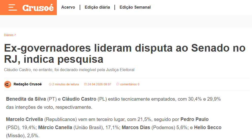 Crusoé cita pesquisa realizada para Paraná Pesquisas no Estado do Rio de Janeiro. 2 Crusoé cita pesquisa realizada para Paraná Pesquisas no Estado do Rio de Janeiro.