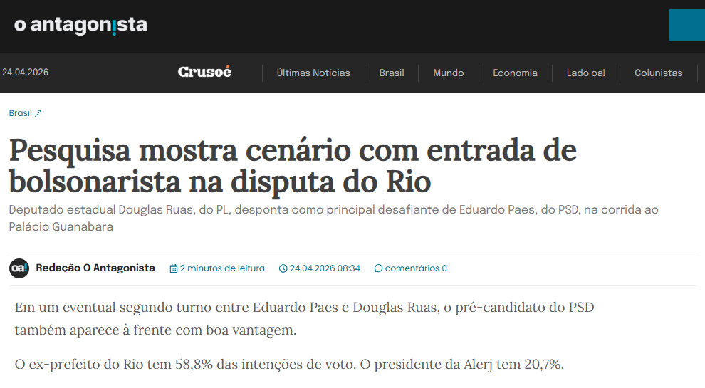 O Antagonista cita pesquisa realizada para Paraná Pesquisas no Estado do Rio de Janeiro. 2 O Antagonista cita pesquisa realizada para Paraná Pesquisas no Estado do Rio de Janeiro.