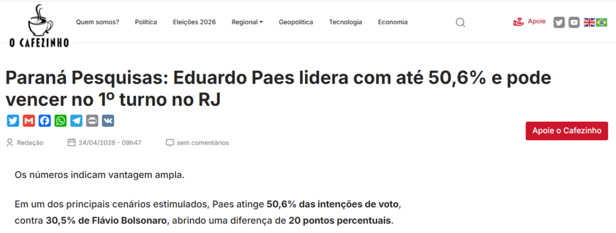O Cafezinho cita pesquisa realizada para Paraná Pesquisas no Estado do Rio de Janeiro. 2 O Cafezinho cita pesquisa realizada para Paraná Pesquisas no Estado do Rio de Janeiro.