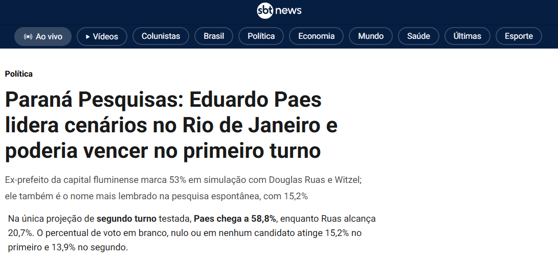 SBT News cita pesquisa realizada para Paraná Pesquisas no Estado do Rio de Janeiro.