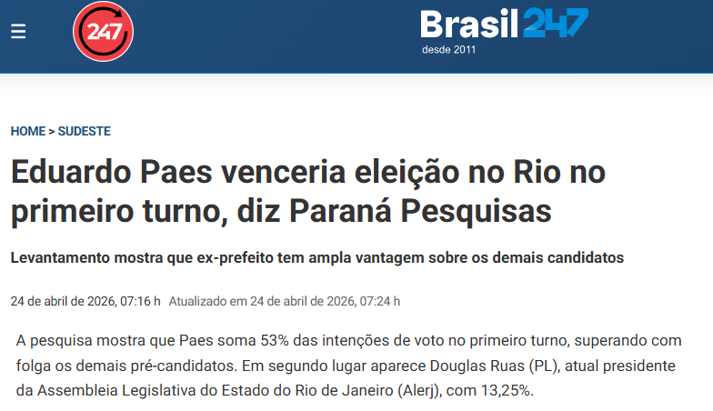 Brasil 247 cita pesquisa realizada para Paraná Pesquisas no Estado do Rio de Janeiro.