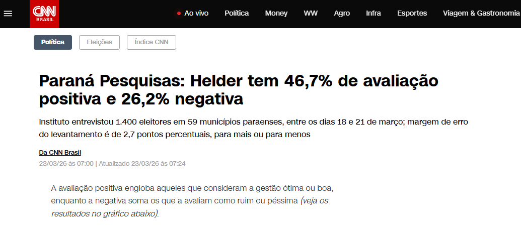 CNN Brasil cita pesquisa realizada pela Paraná Pesquisas no Estado do Pará.