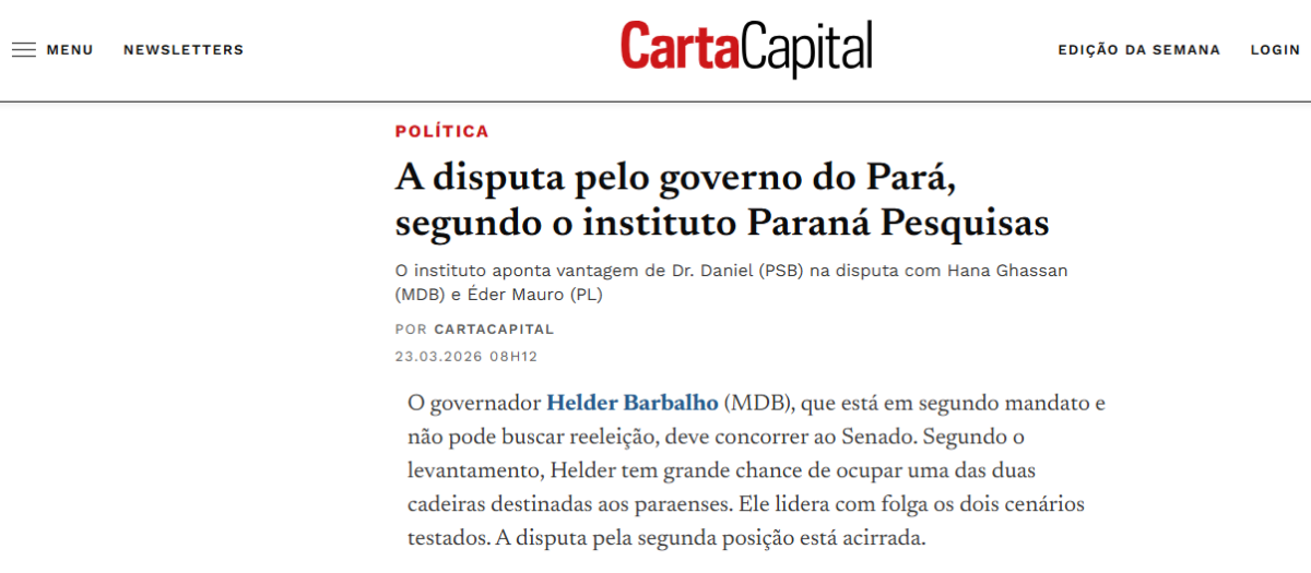 Carta Capital cita pesquisa realizada pela Paraná Pesquisas no Estado do Pará.