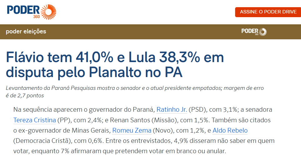 Poder 360 cita pesquisa realizada pela Paraná Pesquisas no Estado do Pará.
