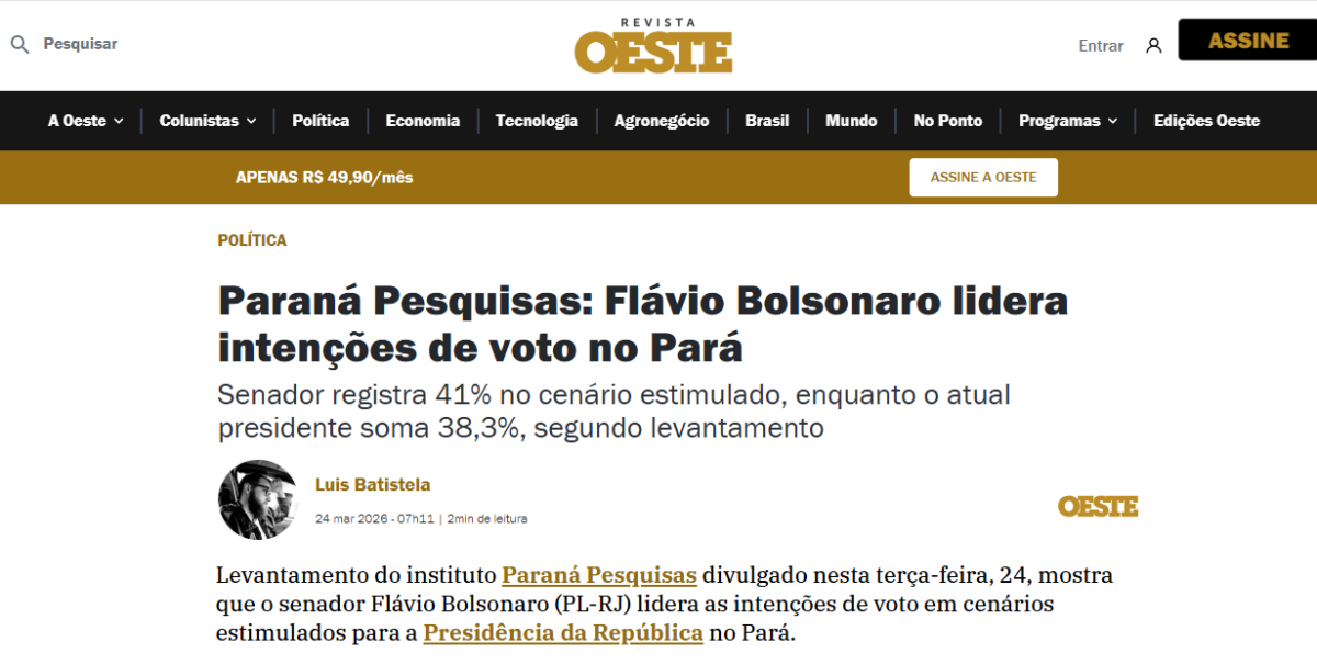 Revista Oeste cita pesquisa realizada pela Paraná Pesquisas no Estado do Pará.