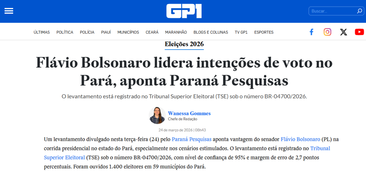 GP1 cita pesquisa realizada pela Paraná Pesquisas no Estado do Pará.