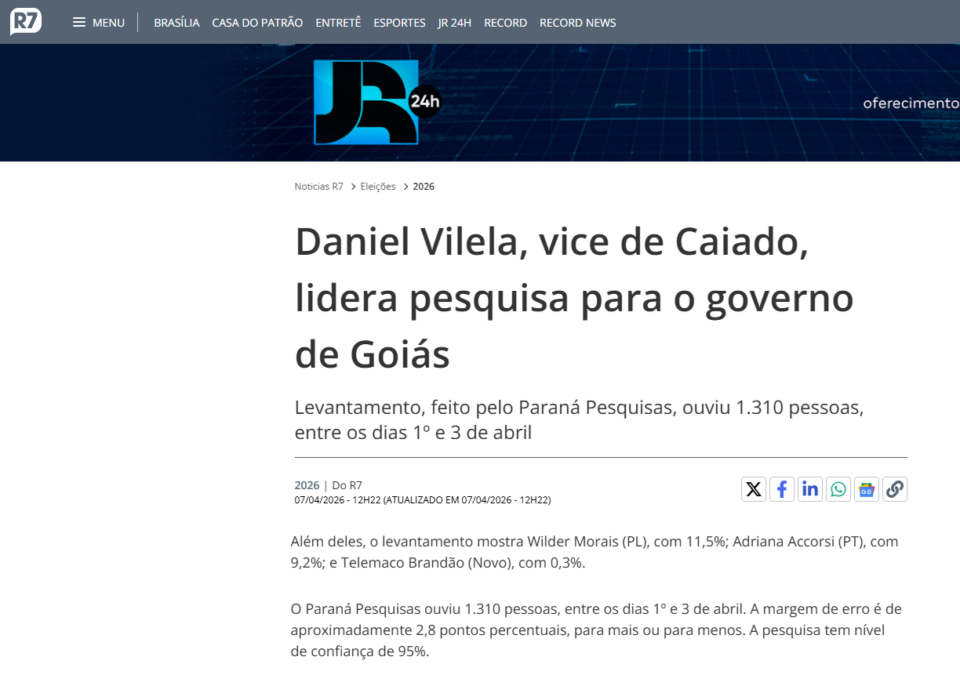 R7 Notícias cita pesquisa realizada pela Paraná Pesquisas no Estado de Goiás. 2 R7 Notícias cita pesquisa realizada pela Paraná Pesquisas no Estado de Goiás.
